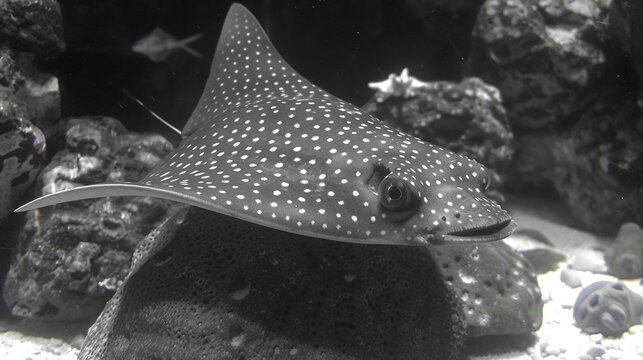  Black & white picture of spotted stingfish in aquarium with rocks & corals in the background