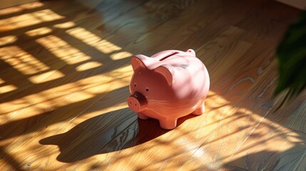 Pink piggy bank on a table viewed from above in a room