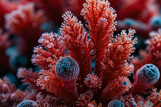 Microscopic View of Red Algae (Rhodophyta) with Detailed Structures and Color Pigments