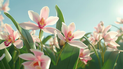   Group of pink flowers in foreground against a bright blue background