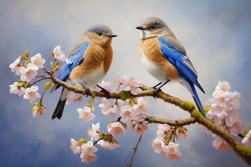 Eastern Bluebirds, male and female, perch on flowering branches in spring
