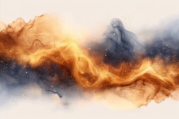 Fototapeta premium watercolor beige ink and sparkling gold splashes, picture, white background with waves of black smoke have copy space