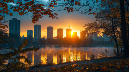 Silhouette of a city skyline with high-rise buildings reflecting on a tranquil lake during a vibrant sunset.
Abstract blurred image