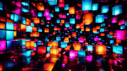 Obraz premium A vibrant abstract background with overlapping translucent boxes of various sizes and colors, creating a sense of depth and movement.