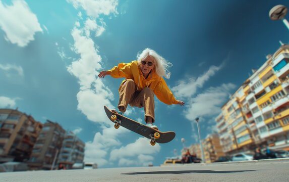Elderly woman skateboarding in the street
