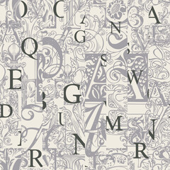Vector abstract seamless background pattern with hand-drawn initial and capital letters. Repeating background with alphabet letters in retro style. Suitable for wallpaper, wrapping paper or fabric