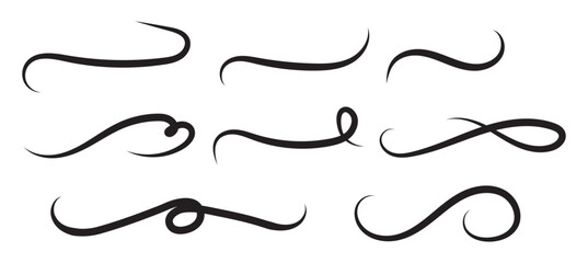 Swoosh and swash typography tails shape. Underline retro swoop wave line for athletic tshirt. Vector strockes set