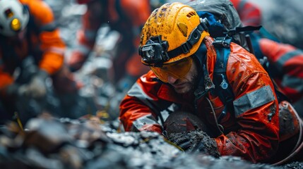 Intense focus on a search and rescue worker amidst rubble in a disaster response scenario