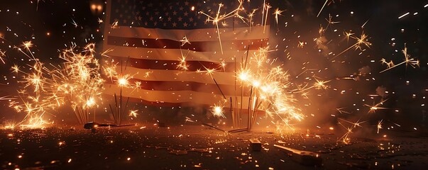 Golden Hour USA Flag and Sparklers, Silhouetted Fireworks Bursting,