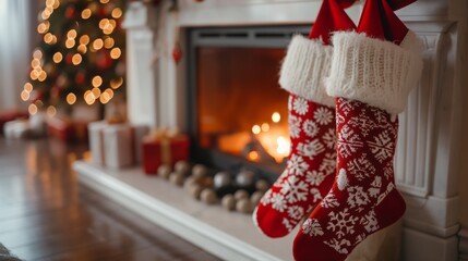 Obraz premium A clean and cheerful image of Christmas stockings hung by a fireplace, isolated on a white background. The minimalistic style highlights the festive decor and holiday warmth. 