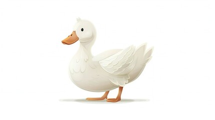   A white duck with an orange beak stands on one leg, its head turned to the side