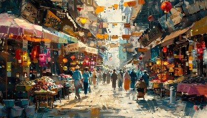 Obraz premium Lively market street in a distant city, filled with vivid colors, diverse goods, and a dynamic mix of people, capturing the essence of cultural exchange and everyday life