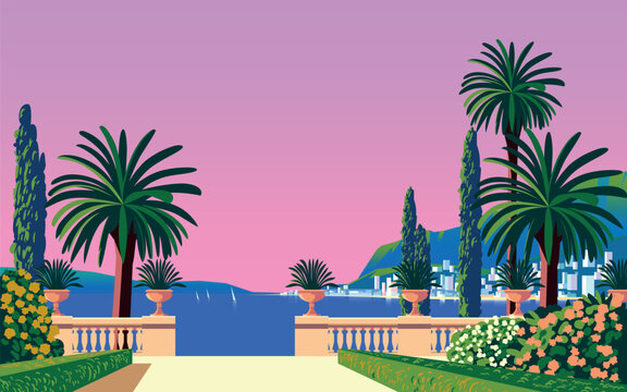 Mediterranean landscape with a terrace in a romantic park with flowering bushes, flower beds, a balustrade, palm trees, an island and the sea in the background. Handmade drawing vector illustration.