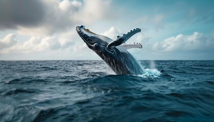 Naklejka premium Majestic humpback whale leaping from the ocean, creating a dramatic splash, surrounded by the vast expanse of the open sea and a brilliant horizon
