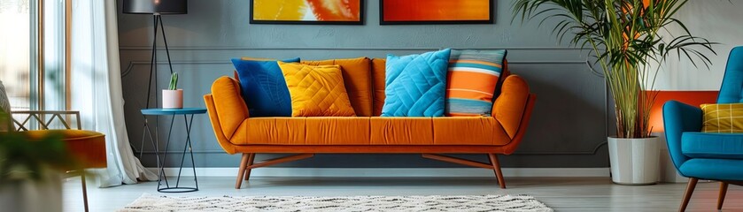 Midcentury modern living room with clean lines, featuring sleek furniture and vibrant pops of color, creating a stylish and retro aesthetic