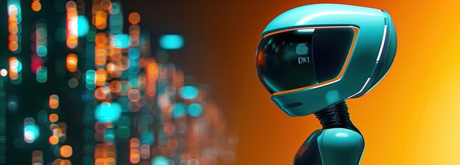 Futuristic robot with a glossy finish against a vibrant, bokeh-lit background. Concept of advanced technology, AI, and robotics with copy space.