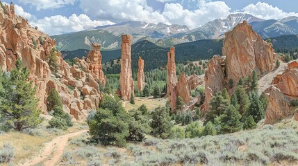   A rocky landscape painting with towering mountains in the backdrop, a winding dirt trail leading into the distance, surrounded by lush trees and foliage in the foreground