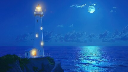   A lighthouse perched atop a cliff overlooks a tranquil body of water under the glow of a full moon