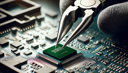 Precision engineering: Tweezers positioning a microchip adorned with the Saudi Arabia flag on a circuit board, symbolizing Saudi Arabia tech innovation