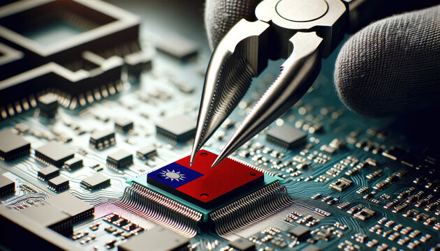 Precision engineering: Tweezers positioning a microchip adorned with the Taiwan flag on a circuit board, symbolizing Taiwan tech innovation