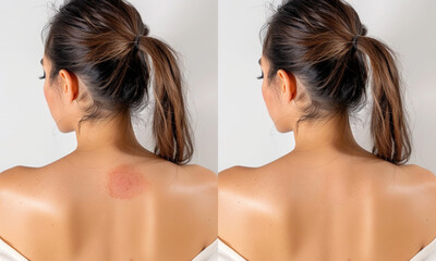Treatment of eczema and scars. Before and after. A woman with scars on her back. Close-up. Laser treatment. Sensitive skin. Health insurance. Surgery. Beauty center