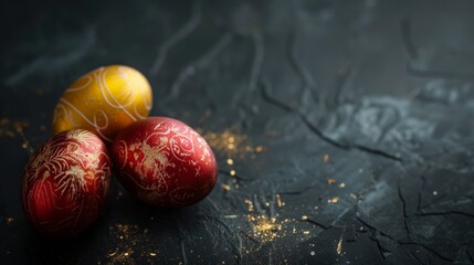 Fototapeta premium Easter eggs on dark background, moody Easter card.