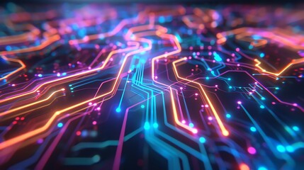 Fototapeta premium Colorful glowing circuit board with electronic components. Abstract technology background.