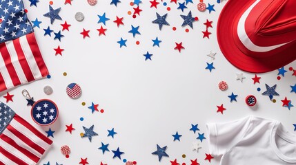 Obraz premium A simple and clean setup of patriotic items for an American celebration, featuring flags, hats, and decorations, isolated on a white background. The minimalistic style is bright and cheerful. 