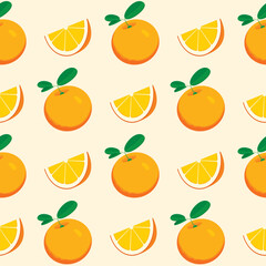 Fruit seamless pattern with taste whole and slice orange on beige backdrop. Summer vector background in flat style with citrus fruits. Suitable for wallpaper, wrapping paper, fabric