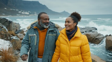 A middle-aged man and woman walking along a rocky coastline in winter jackets