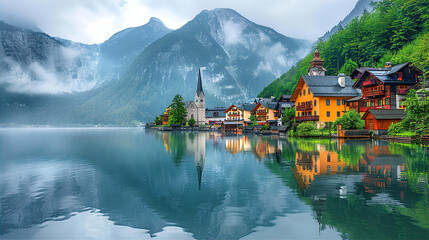 Fototapeta premium Beautiful picturesque village inspired by Austrian Alps, lake and mountains at the background. Calm water with sky reflections