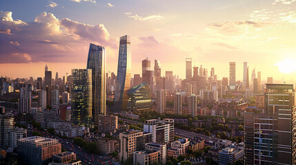Fototapeta premium Beautiful modern city, downtown at sunset. Financial district with glass skyscrapers at golden sunset hours