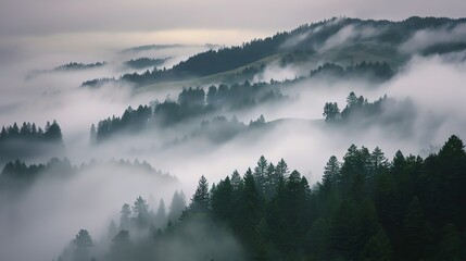 Fototapeta premium Misty hills covered with dense evergreen forests create a serene and ethereal landscape. The fog rolls over the treetops, adding a sense of mystery and tranquility to the natural scenery captured