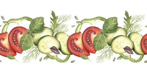 Cucumber, tomato, pepper slices with basil and dill leaves. Watercolor illustration. Seamless pattern. Ornament of vegetables and aromatic herbs. Farm products for menu, shop, packaging, textile