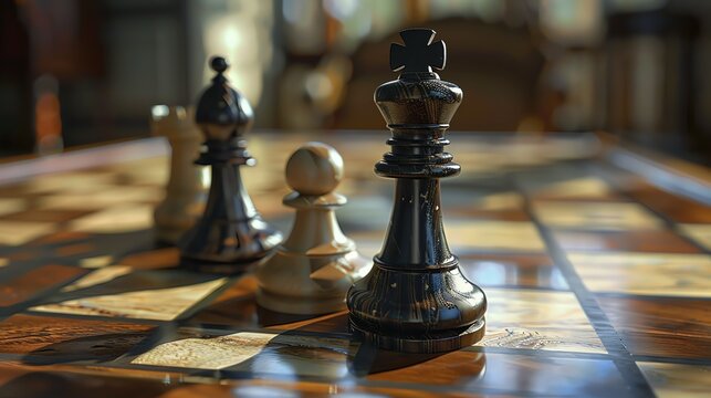 Black and white chess pieces on a wooden chessboard. The black king is in the center of the image, with a white pawn and bishop behind it.
