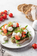 Sandwiches with tomatoes, mozzarella balls, arugula on white plate light textured background with ingredients close up. Italian bruschetta set, antipasti