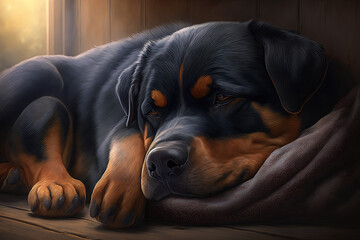 Rottweiler dog sleeping on the floor