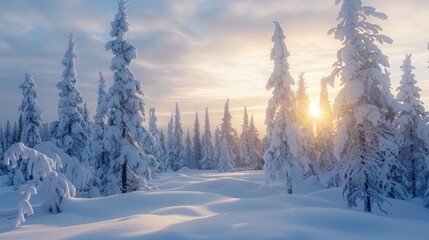 A stunning winter scene with snow draped trees in the chilly northern wilderness