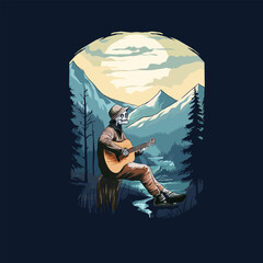 someone is relaxing playing the guitar by the river at night with a mountain view