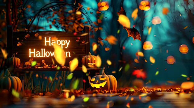 Halloween Home decorations with two Bat and Halloween tree and Pumpkin in the night. Seamless looping time-lapse virtual 4k video animation background