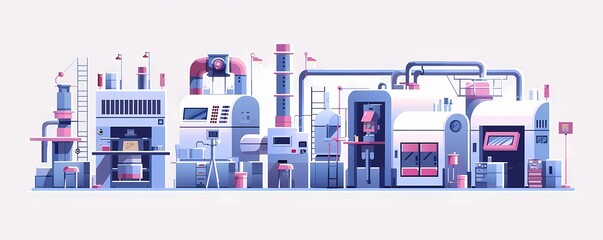 Flat design digital manufacturing technology with automated robotic arms, smart factory setting