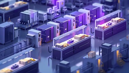 Flat design digital manufacturing technology with automated robotic arms, smart factory setting