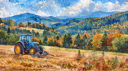 Naklejka premium Abstract rural landscape. Watercolor illustration