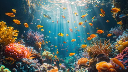 Fototapeta na wymiar background tropical underwater world with sun rays, fish, clown fish, corals
