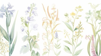 Watercolor botanical illustration featuring a variety of flowers and leaves in diverse colors and shapes.