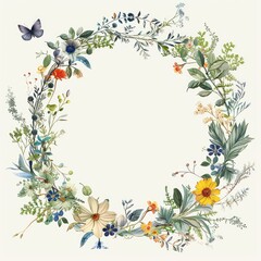 Obraz premium Exquisite Botanical Design: A Round Wreath Composed of Delicate Leaves and Blooming Flowers
