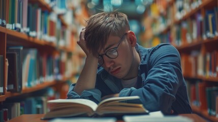Tired student resting his head on a book in a library