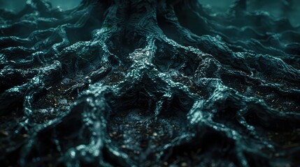 Mystical Enigma: Gnarled Tree Roots in a Dark Magic Forest - Spooky Abstract Background