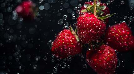 Close-up of strawberries in water. Juicy berry in drops. Berries concept.