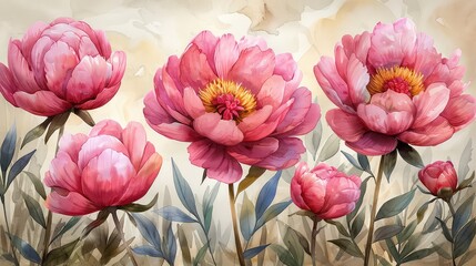Fototapeta premium Delicate Watercolor Illustration of Peony Pink Flowers, Seamless Pattern for Elegant Designs